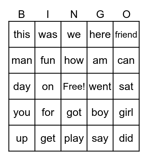 SNAP Words Bingo Card