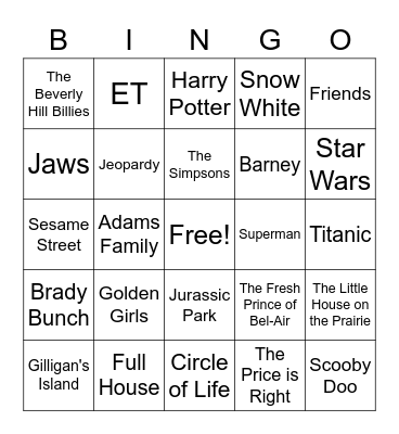 TV/Game Show/Movies Bingo Card