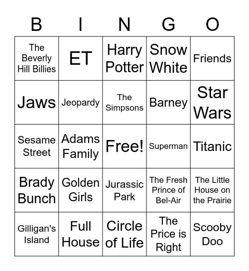 TV/Game Show/Movies Bingo Card