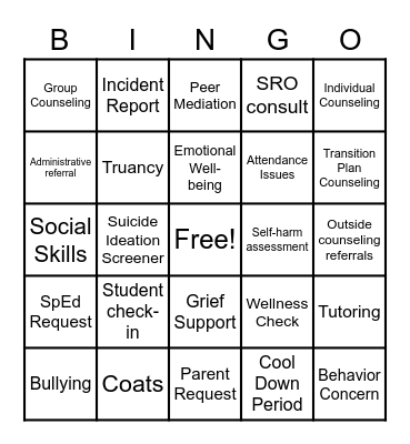 Counselors' BINGO Card