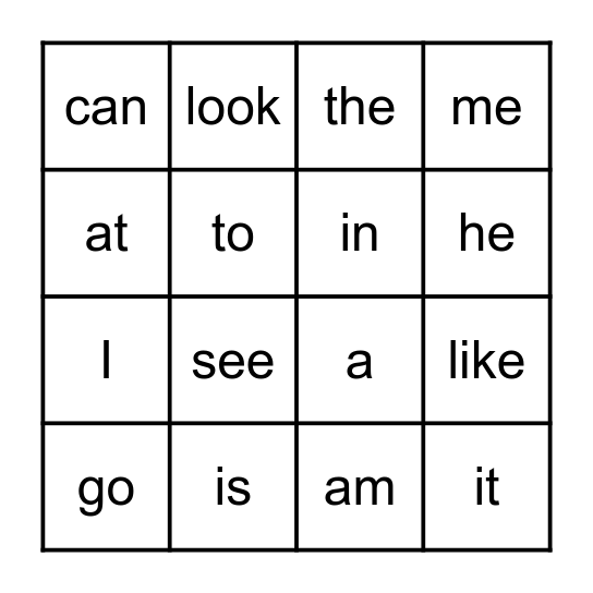 Kindergarten Bingo Card