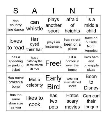 2023 U17AA Saints- Get to you know Bingo! Bingo Card