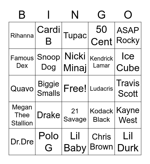 Rapper Bingo Card