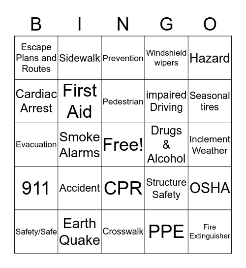 Safety Terms Bingo  Bingo Card