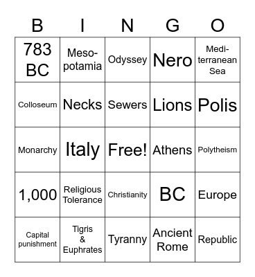 Ancient Rome and more With Fox Bingo Card