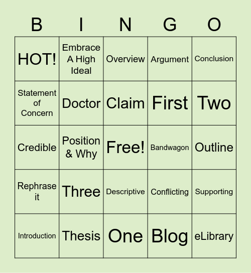 Thesis, Outline, & Introduction Bingo Card