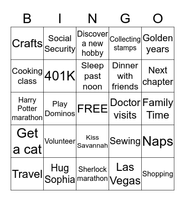 Cora's Retirement Bingo Card