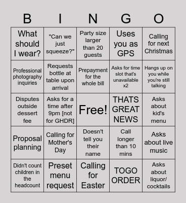 Hospitality Team Bingo Card