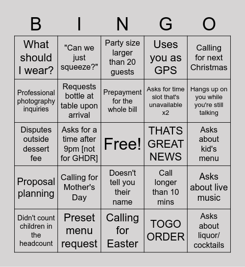 Hospitality Team Bingo Card