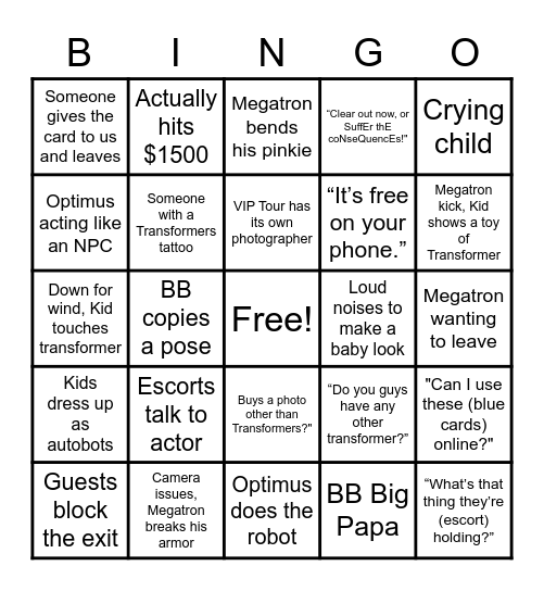 Transformers Hotset Bingo Card