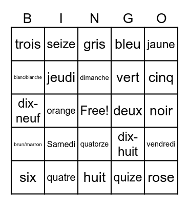 les couleurs- Jours de la semaine- nombres Bingo Card