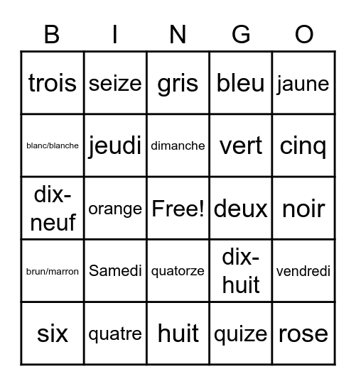 les couleurs- Jours de la semaine- nombres Bingo Card