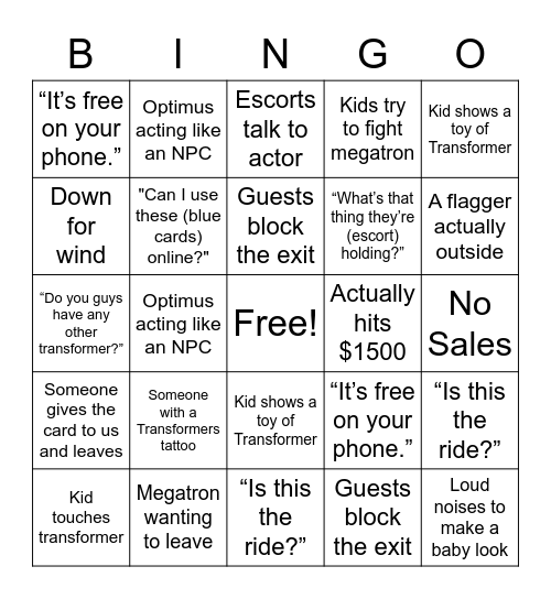 Transformers Hotset Bingo Card