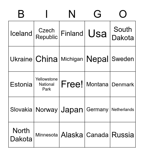 Cold Places Bingo Card