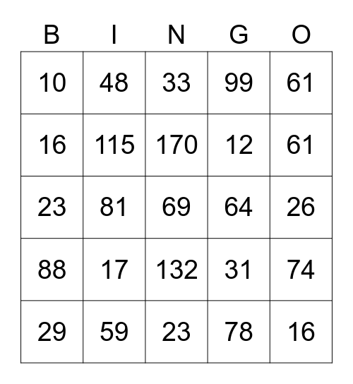 2-Digit Addition Bingo: Game 1 Bingo Card