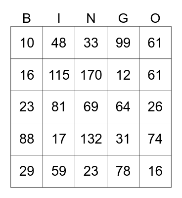 Addition Bingo: Game 1 Bingo Card