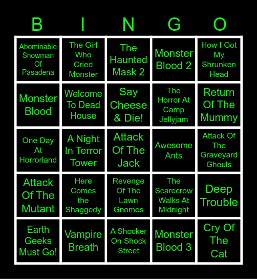 Goosebumps TV Series Bingo Card