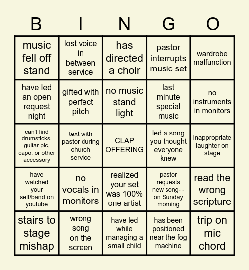 Worship Team Bingo Card