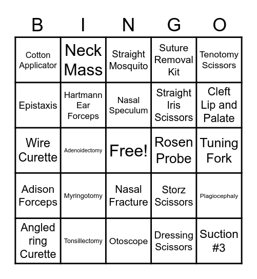 ENT LINGO Bingo Card