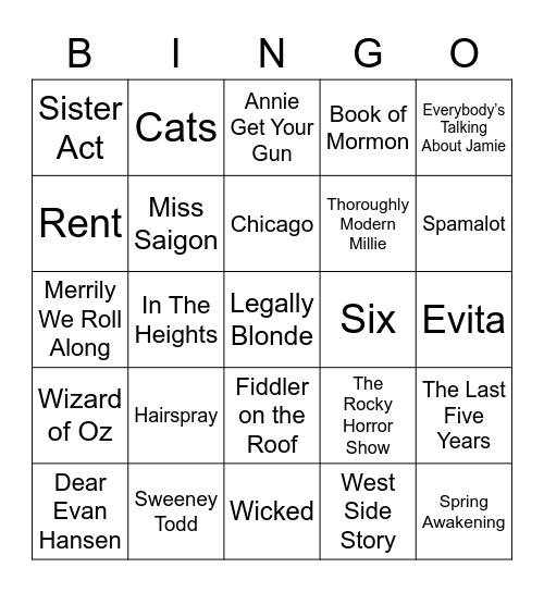 Musical Theatre Bingo Card
