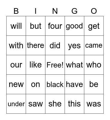Primer Sight Words Bingo Card