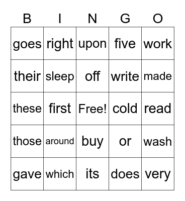 Second Sight Words Bingo Card