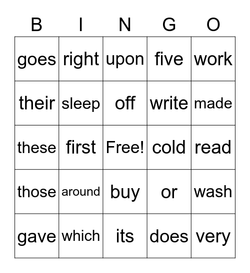 Second Sight Words Bingo Card