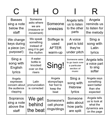 Choir Rehearsal Bingo Card