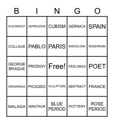 Picasso contextual vocabulary Bingo Card