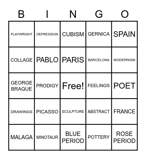 Picasso contextual vocabulary Bingo Card