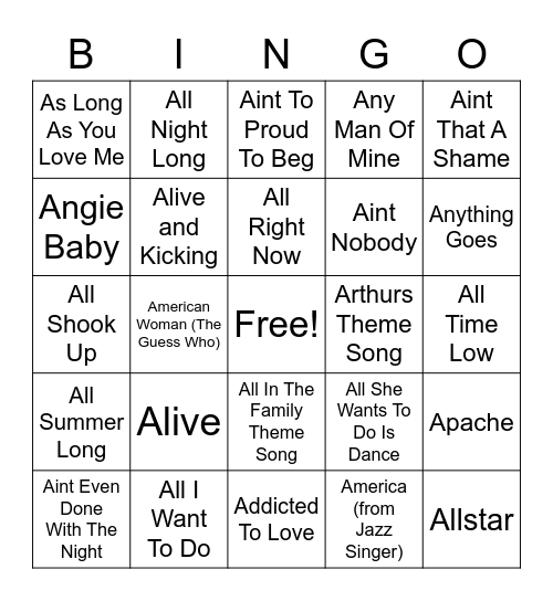 SONGS THAT START WITH "A" Bingo Card