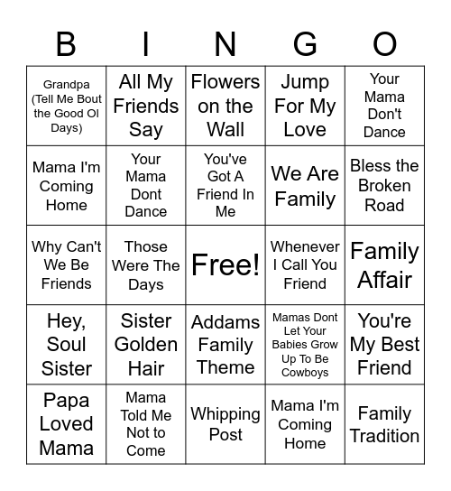 FRIENDS & FAMILY MUSIC Bingo Card