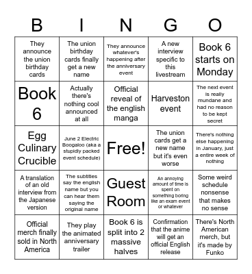 TWST Anniversary Livestream Bingo Card