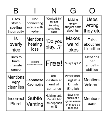 JENNY Bingo Card