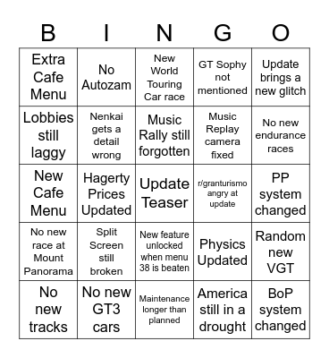 Gran Turismo 7 Update Bingo Card