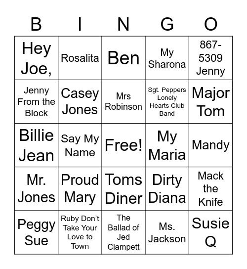 WHAT'S MY NAME MUSIC Bingo Card