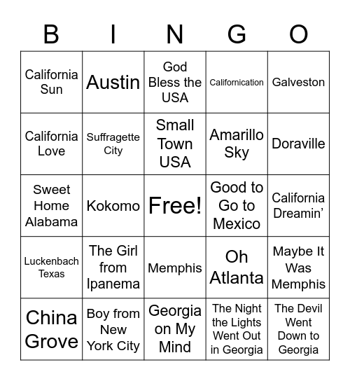 WHERE'D YOU GO MUSIC Bingo Card