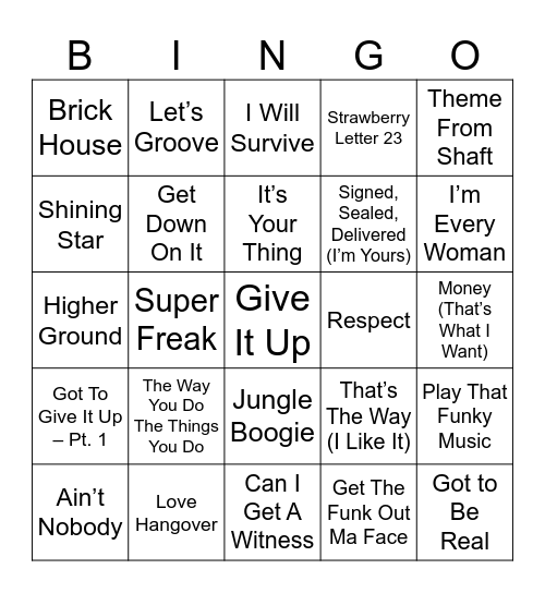 Motown/Funk Bingo Card