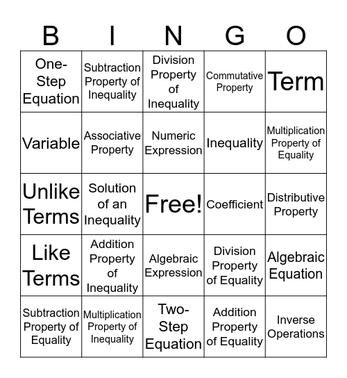 Expressions and Equations Vocabulary Bingo Card