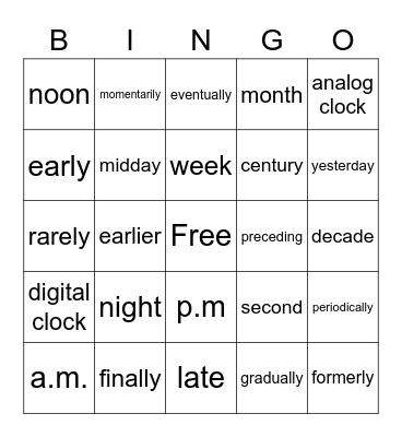 Time Vocabulary Bingo Card