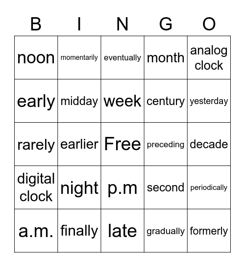 Time Vocabulary Bingo Card