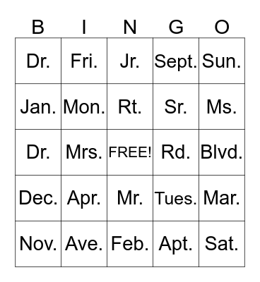 ABBREVIATIONS Bingo Card