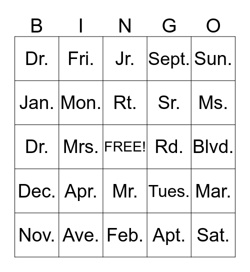 ABBREVIATIONS Bingo Card