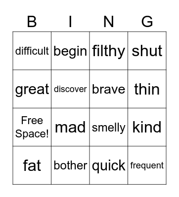 Synonym Bingo Card