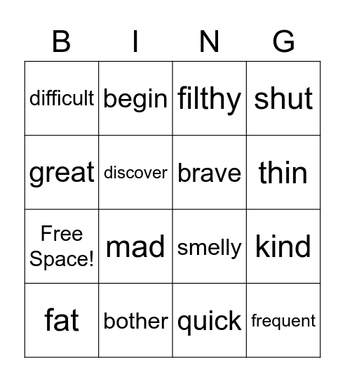 Synonym Bingo Card