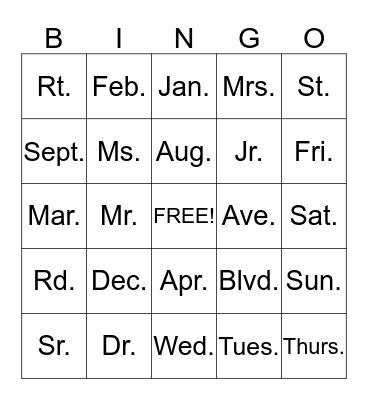 ABBREVIATONS Bingo Card