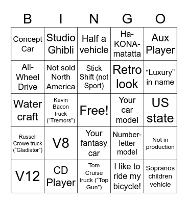 Car Show Bingo Card