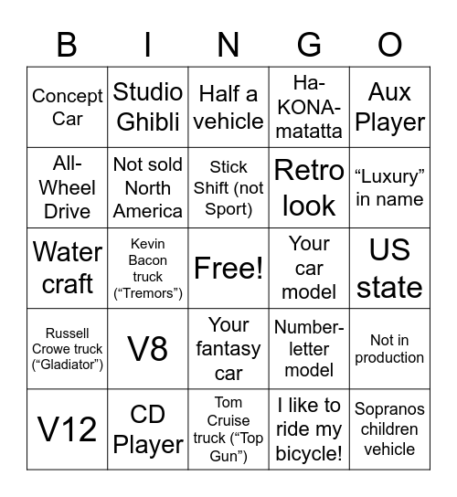 Car Show Bingo Card