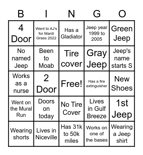 CAR Bingo Card