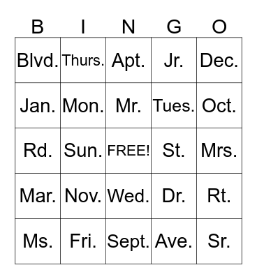 ABBREVIATIONS Bingo Card